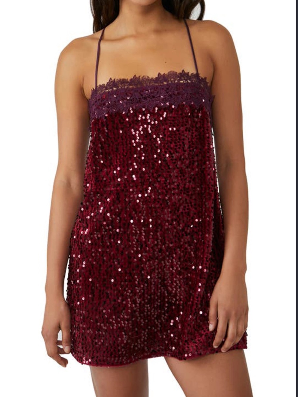 Free People Intimately Fig Jam Sequin Lace-Trim Slip Dress size Medium NWT